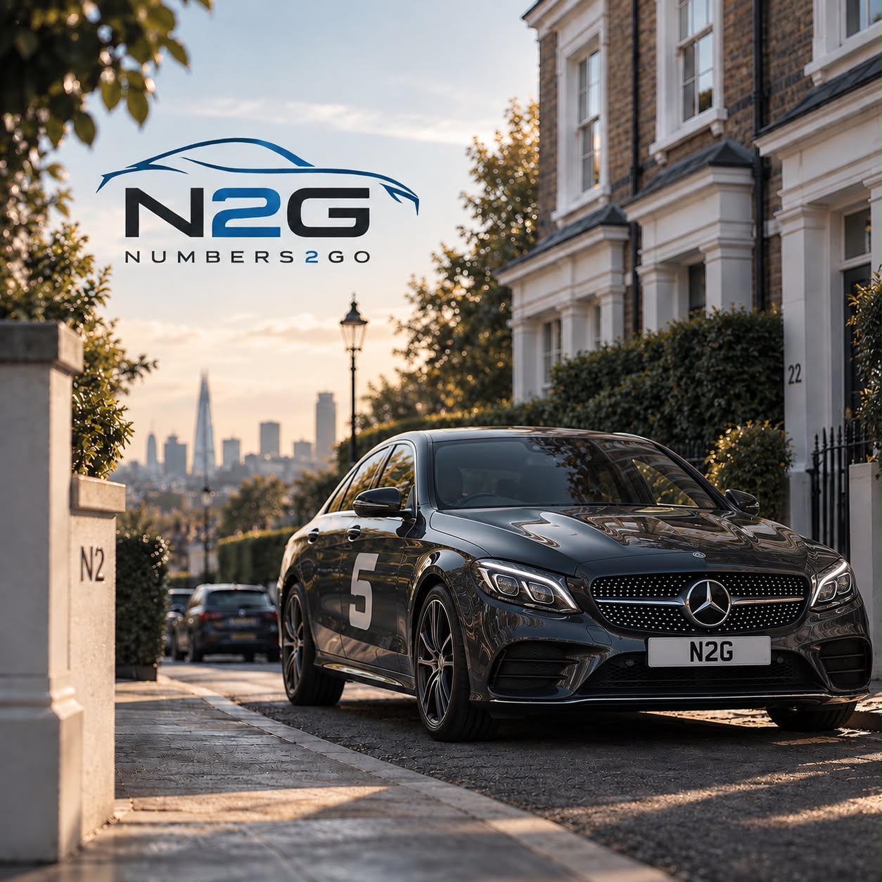 Numbers2Go in London: a Mercedes-Benz on a sunlit residential street